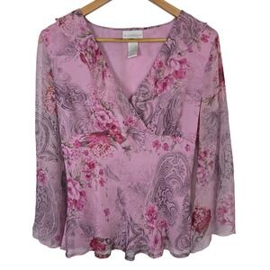 Worthington 100% Silk Pink Floral Paisley Ruffle V-Neck Bell Sleeve Top XL Y2K